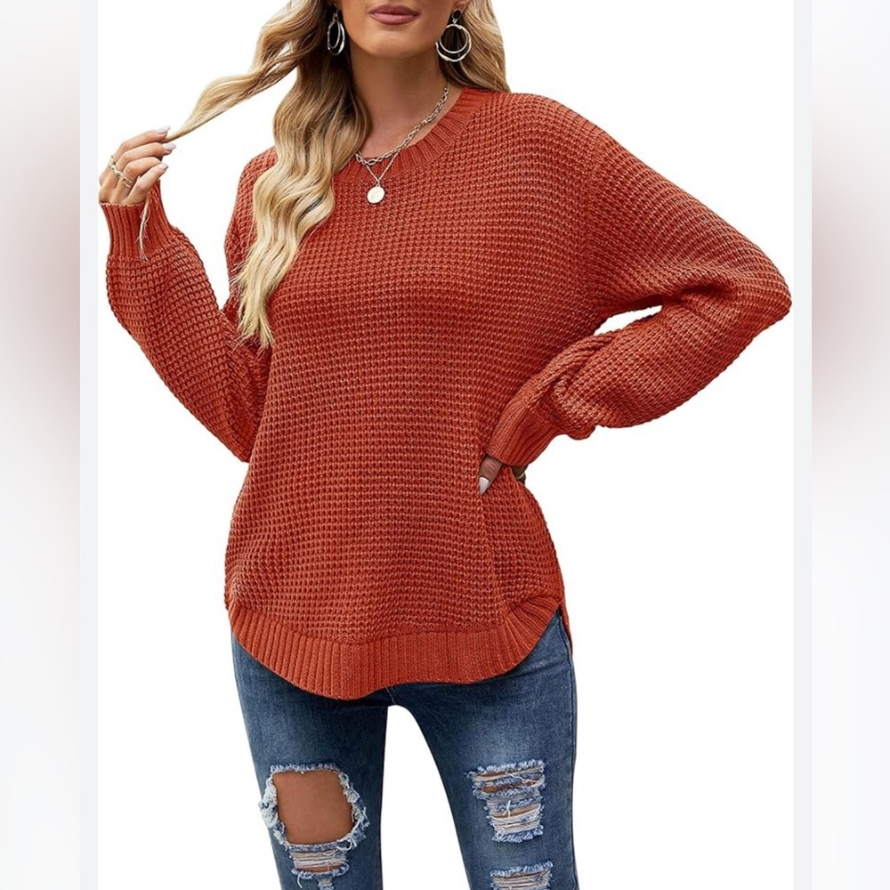 Rust Crew Neck Waffle Knit Sweater - Women